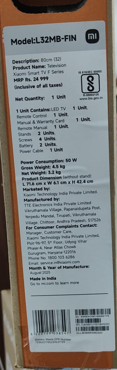Xiaomi 32 Inches Fire TV Model No: L32MB-FIN